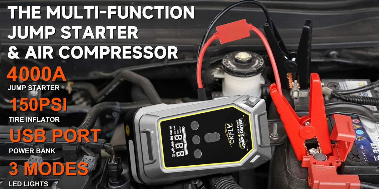 Arrancador de Coche 4 en 1 4000A con Compresor 150 PSI – Power Bank 59.2Wh e Inflador Digital 12V