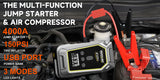 Arrancador de Coche 4 en 1 4000A con Compresor 150 PSI – Power Bank 59.2Wh e Inflador Digital 12V