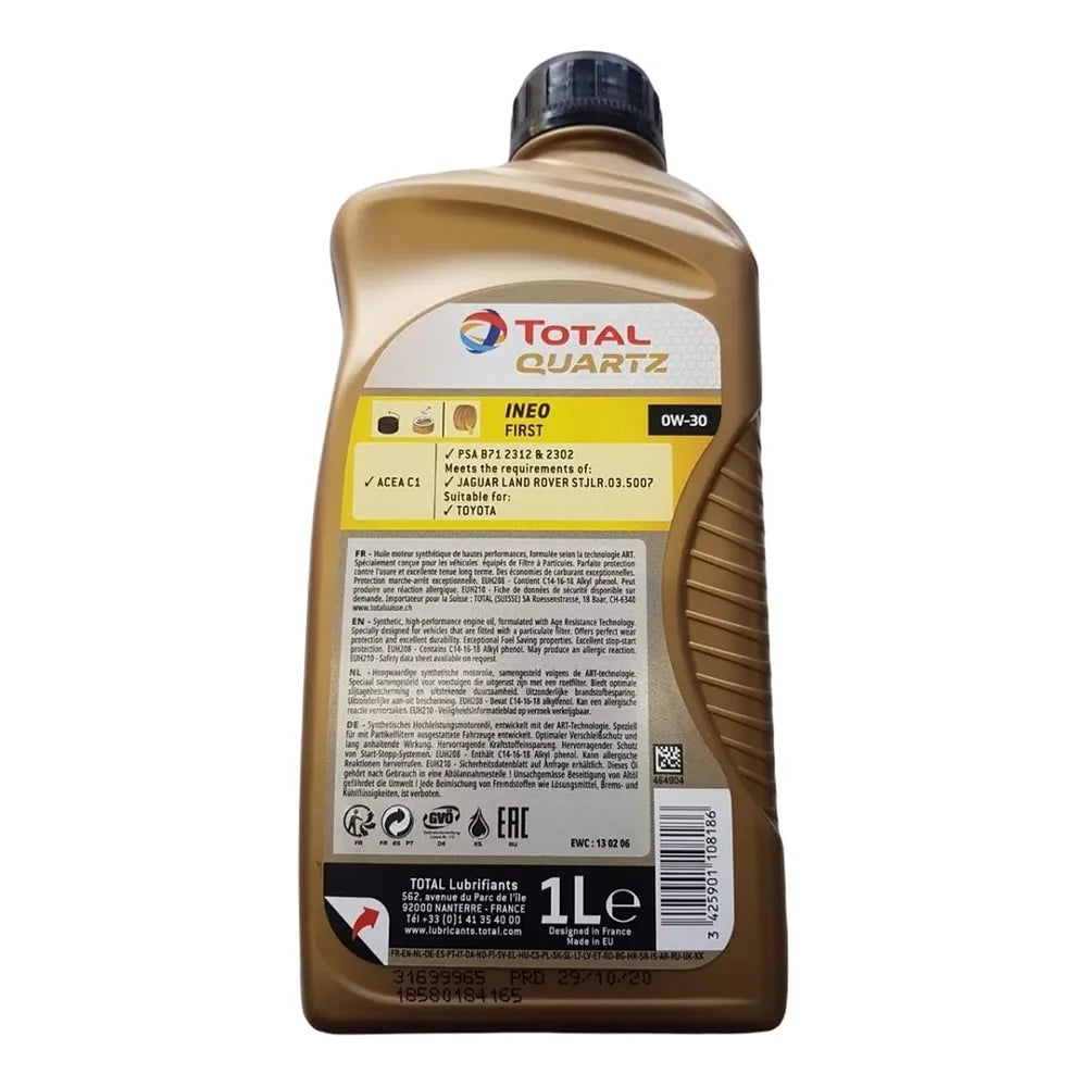 Aceite Total Quartz Ineo First 0W30 - Tecnología Sintética - Protección Contra Desgaste y Obstrucción - Ahorro de Combustible