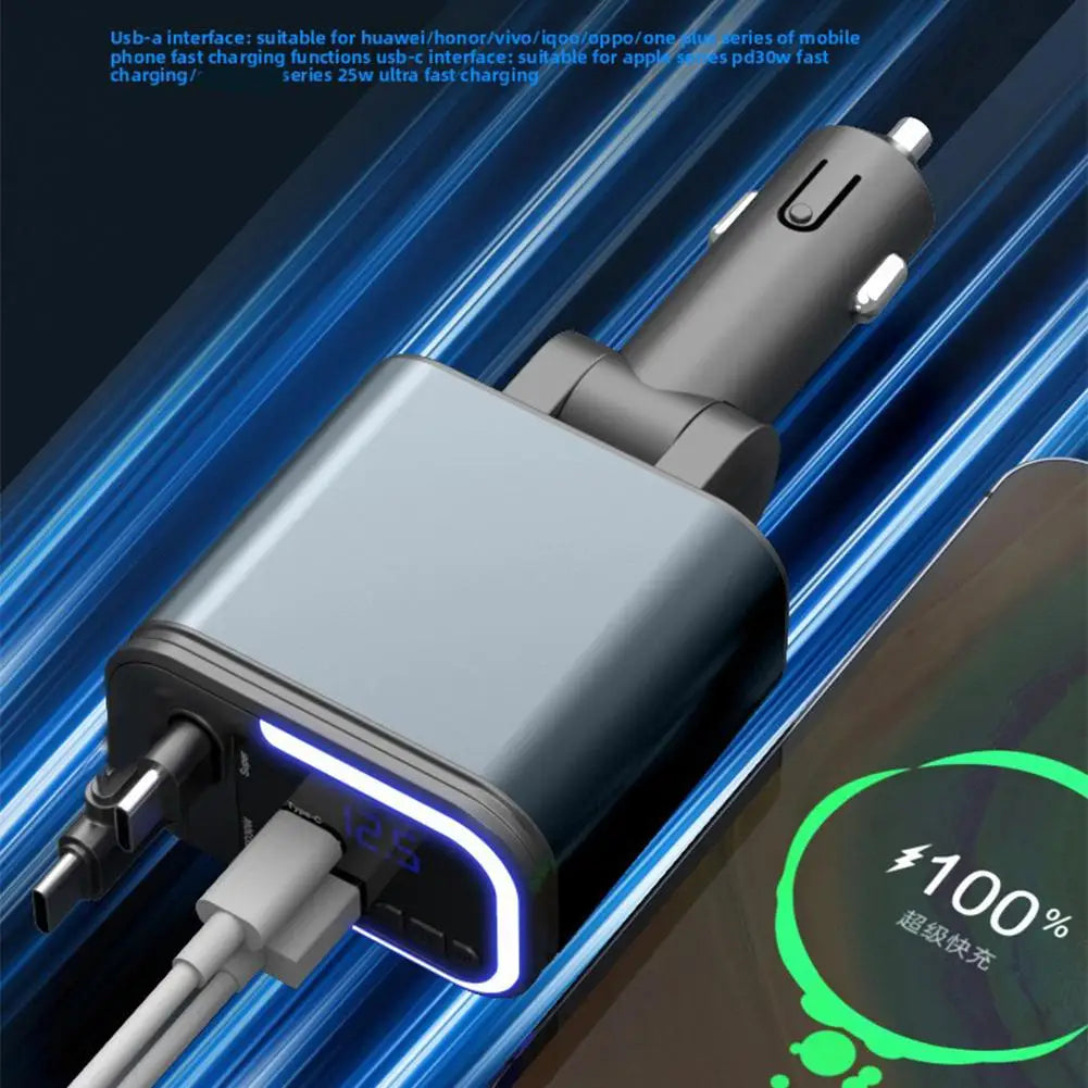 Cargador de Coche 5 en 1 con Bluetooth FM – Carga Rápida USB, Cable Retráctil, MP3 y Soporte U Disk