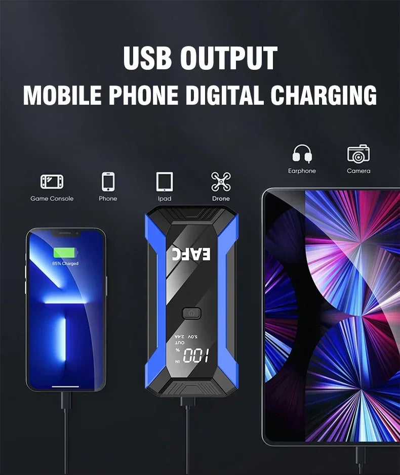 Arrancador de Batería Coche 1200A 12V EAFC | Power Bank 20000mAh con Carga Inalámbrica, LED SOS y Martillo de Emergencia