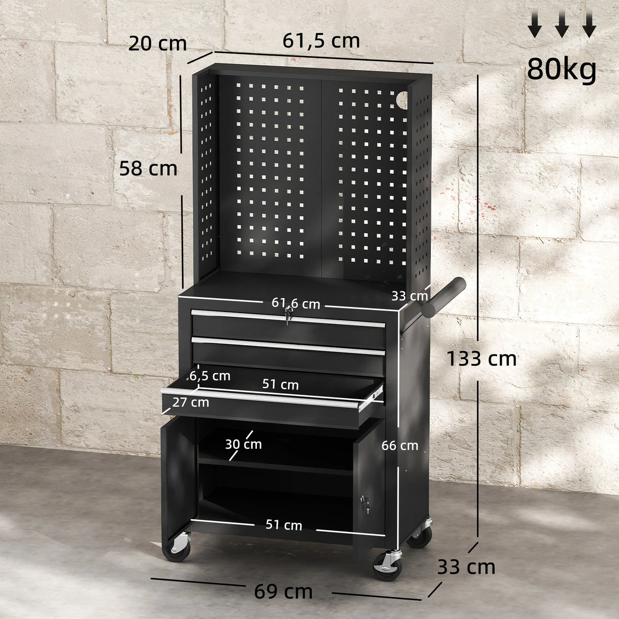 Carro de Herramientas HOMCOM con 3 Cajones y Panel Pegboard – Organizador de Taller con Ruedas Negro