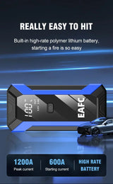 Arrancador de Batería Coche 1200A 12V EAFC | Power Bank 20000mAh con Carga Inalámbrica, LED SOS y Martillo de Emergencia