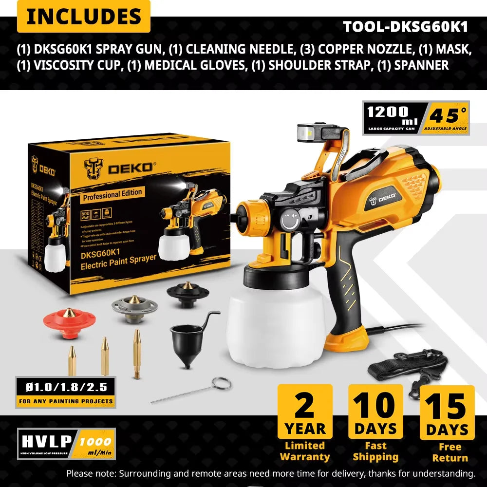 Pistola Pulverizadora DEKO HVLP 1200 ml con LED – Alta Potencia con 3 Boquillas para Pintura