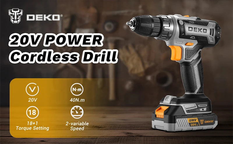 Taladro Inalámbrico DEKO 20V con Batería y Cargador – Kit Ligero para Bricolaje y Carpintería Doméstica