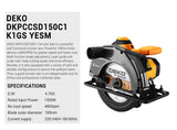 Sierra circular eléctrica serie DEKO DKCS, cortadora multifuncional de 185mm, herramienta eléctrica doméstica de 1500W con mango auxiliar
