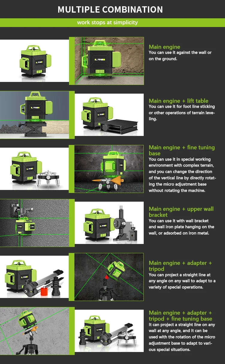 Nivel Láser Verde 4D 16 Líneas con Soporte y Mando a Distancia – Nivelador Automático Horizontal y Vertical, Alta Precisión para Construcción