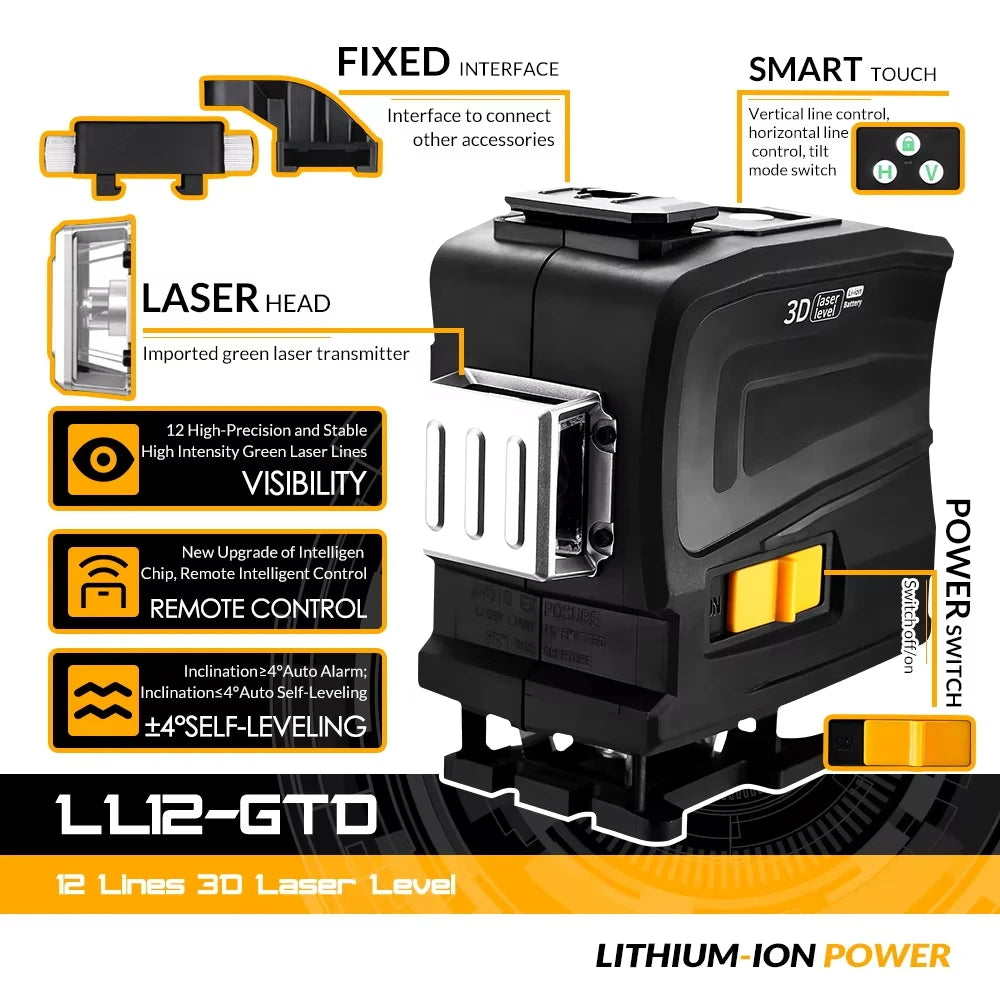 Nivel Láser DEKO 3D 12 Líneas Verde LL12-GTD – Autonivelante con Control Remoto Alta Precisión