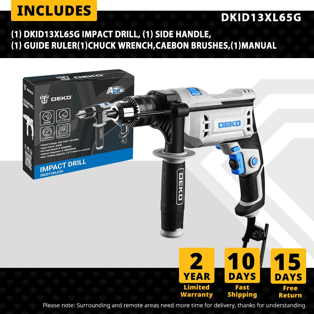 Taladro de Impacto DEKO DKID13XL65G 220V – Profesional 2 en 1 Taladro y Destornillador Eléctrico Serie DKID