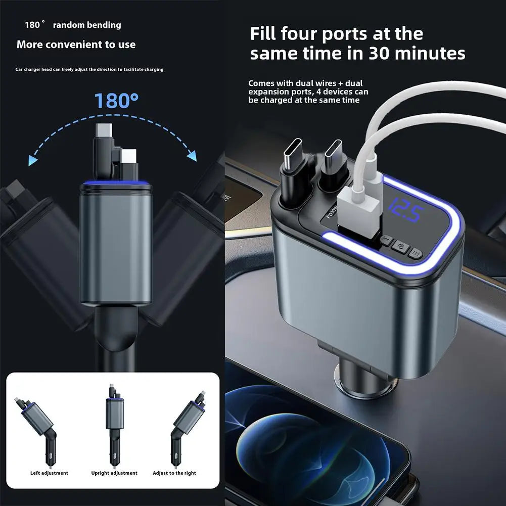 Cargador de Coche 5 en 1 con Bluetooth FM – Carga Rápida USB, Cable Retráctil, MP3 y Soporte U Disk