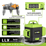 Nivel Láser Verde 4D 16 Líneas con Soporte y Mando a Distancia – Nivelador Automático Horizontal y Vertical, Alta Precisión para Construcción
