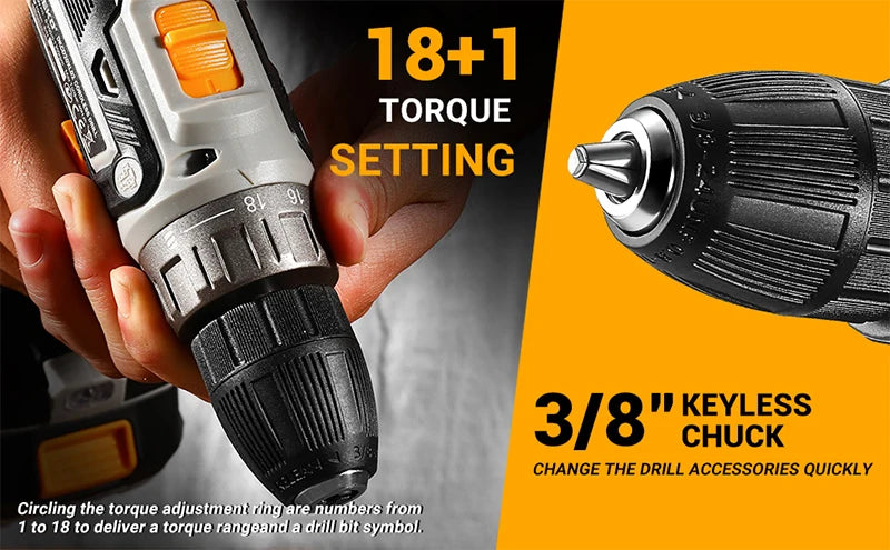 Taladro Inalámbrico DEKO 20V – 2 Velocidades, 18+1 Posiciones y Kit de 29 Piezas con Batería