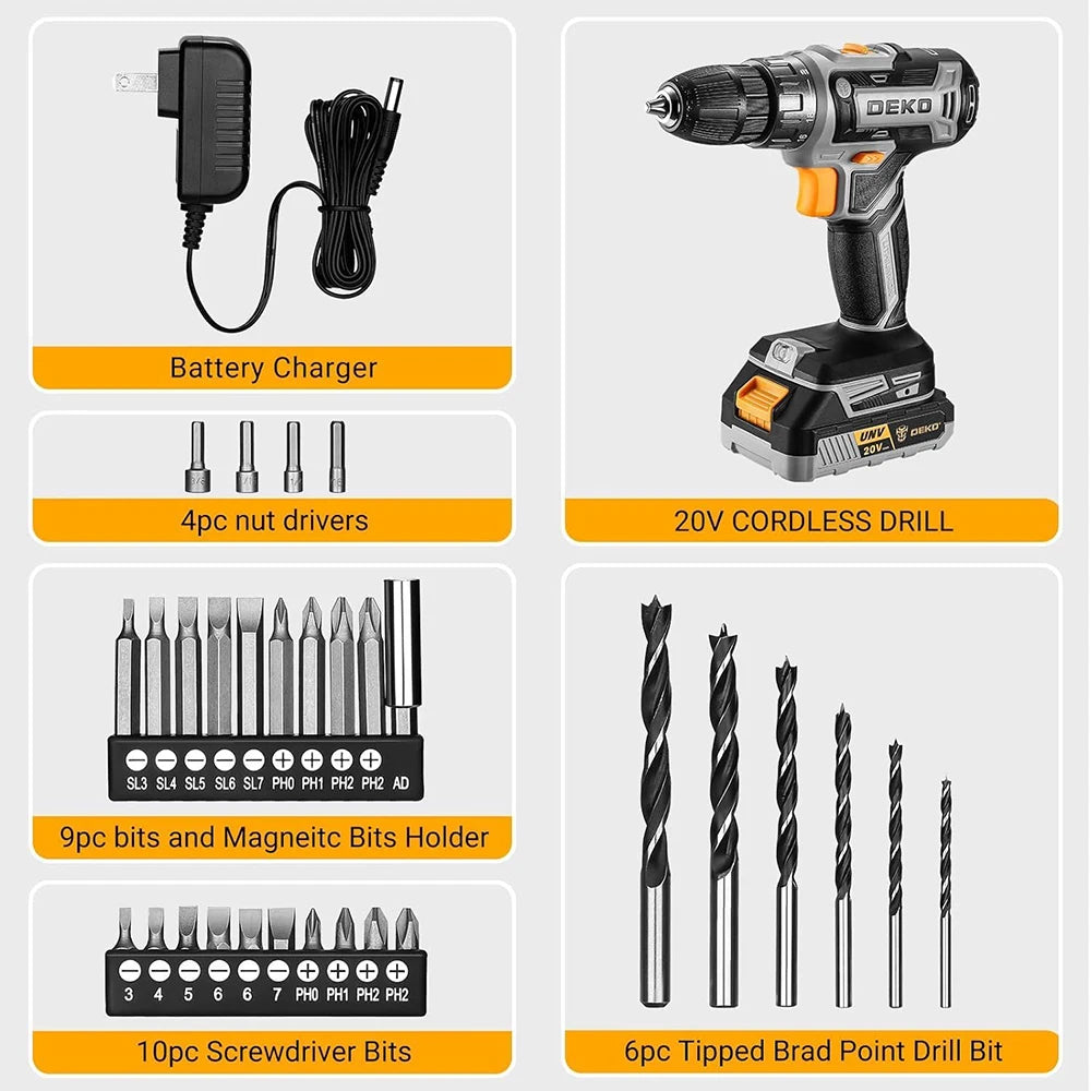 Taladro Inalámbrico DEKO 20V con Batería y Cargador – Kit Ligero para Bricolaje y Carpintería Doméstica