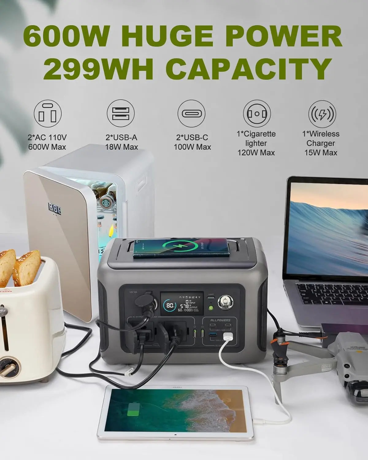 Estación de energía portátil ALLPOWERS R600 299Wh LiFePO4 con 2 salidas AC 600W (1200W pico) generador portátil para camping, autocaravana y hogar