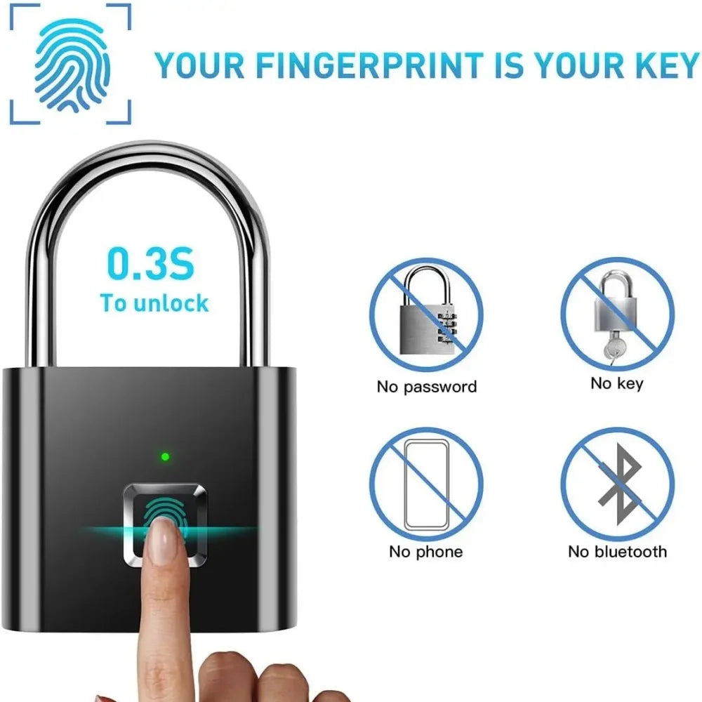 Candado Inteligente con Huella Dactilar USB – Impermeable IPX, Desbloqueo Rápido 0.3s, Candado Portátil Antirrobo de Zinc