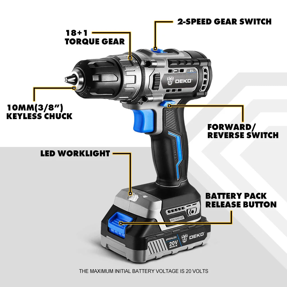 Kit Taladro Inalámbrico DEKO 20V Brushless – Mini Destornillador Eléctrico 2 Velocidades para Carpintería