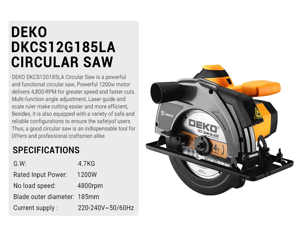 Sierra Circular DEKO 185 mm 1200W – Cortadora Eléctrica con Mango Auxiliar Serie DKCS