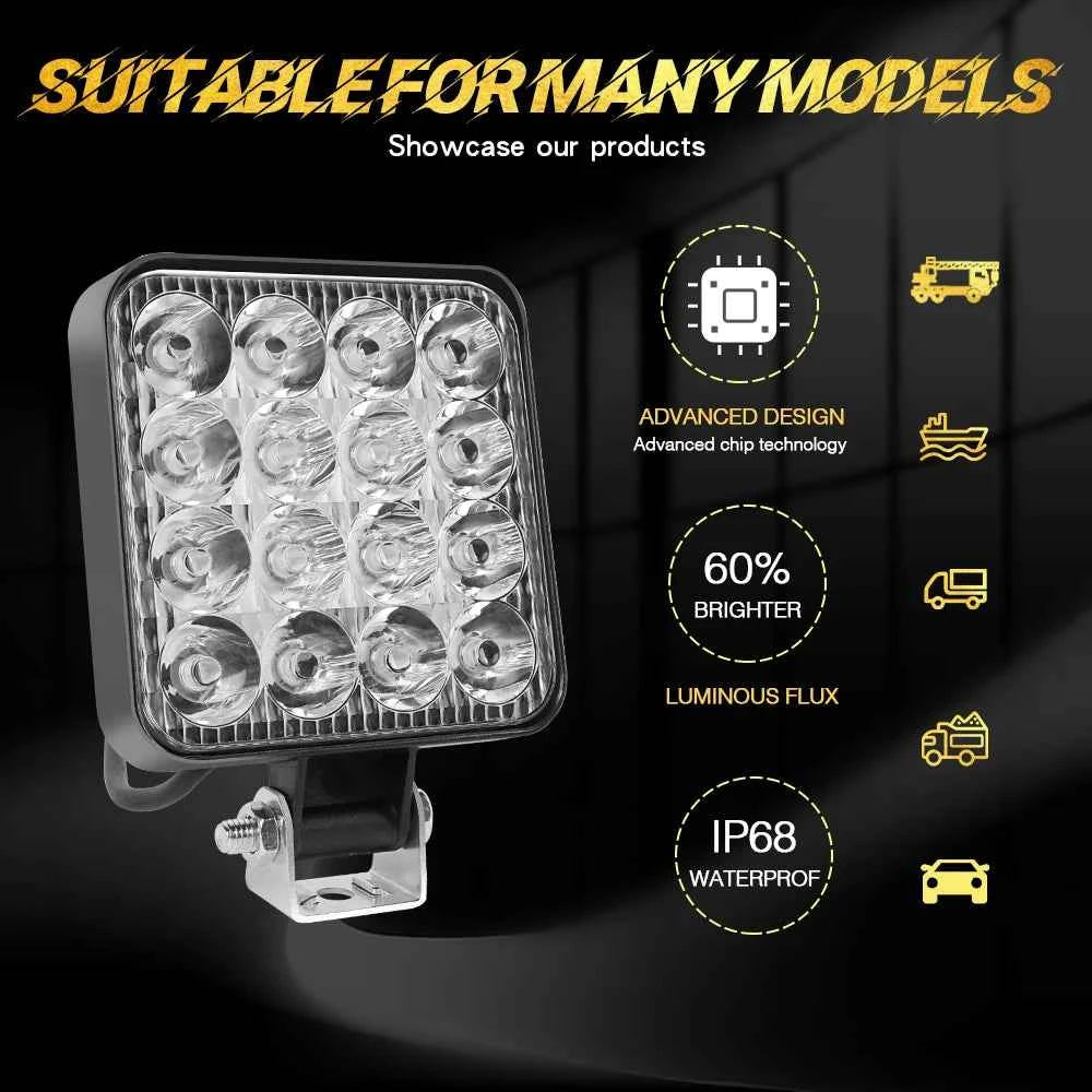 Faro LED 48W Universal 12V-48V para Coche, SUV y 4x4 – Luz Antiniebla Off-Road Cuadrada con Modo Flash y Alta Potencia