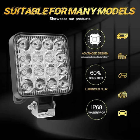 Faro LED 48W Universal 12V-48V para Coche, SUV y 4x4 – Luz Antiniebla Off-Road Cuadrada con Modo Flash y Alta Potencia