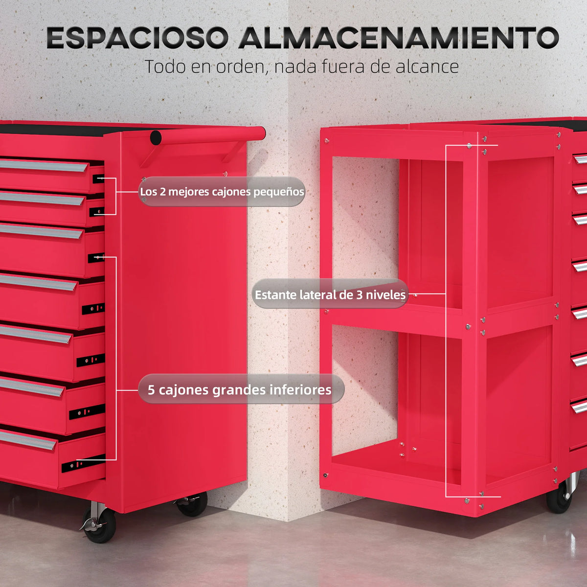 HOMCOM Carro de Herramientas con 7 Cajones, Carro de Taller con Estantería de 3 Niveles Desmontable, Sistema de Cierre Central