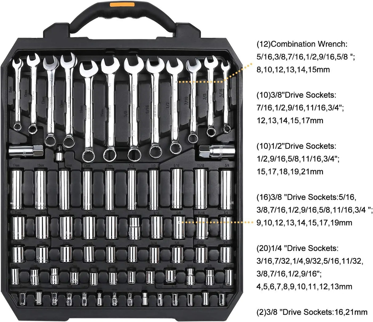 DEKO DKMT192 Juego de Herramientas Mecánicas 192 Piezas – Kit Completo de Llaves de Tubo con Estuche para Reparación de Automóviles y Bricolaje