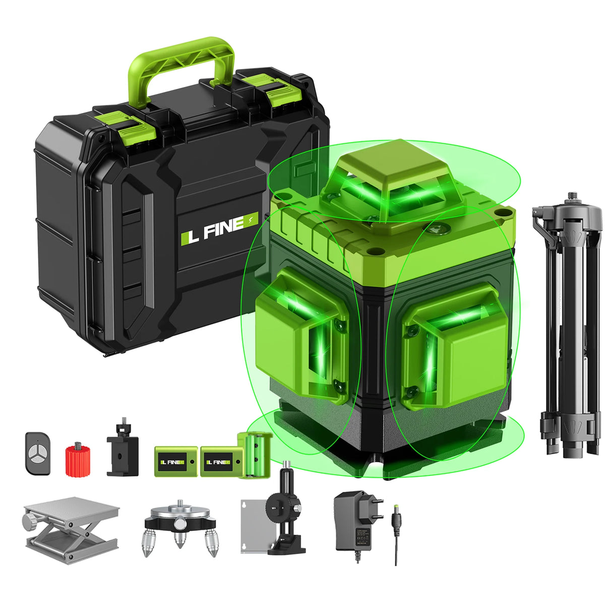 Nivel Láser Verde 4D 16 Líneas con Soporte y Mando a Distancia – Nivelador Automático Horizontal y Vertical, Alta Precisión para Construcción