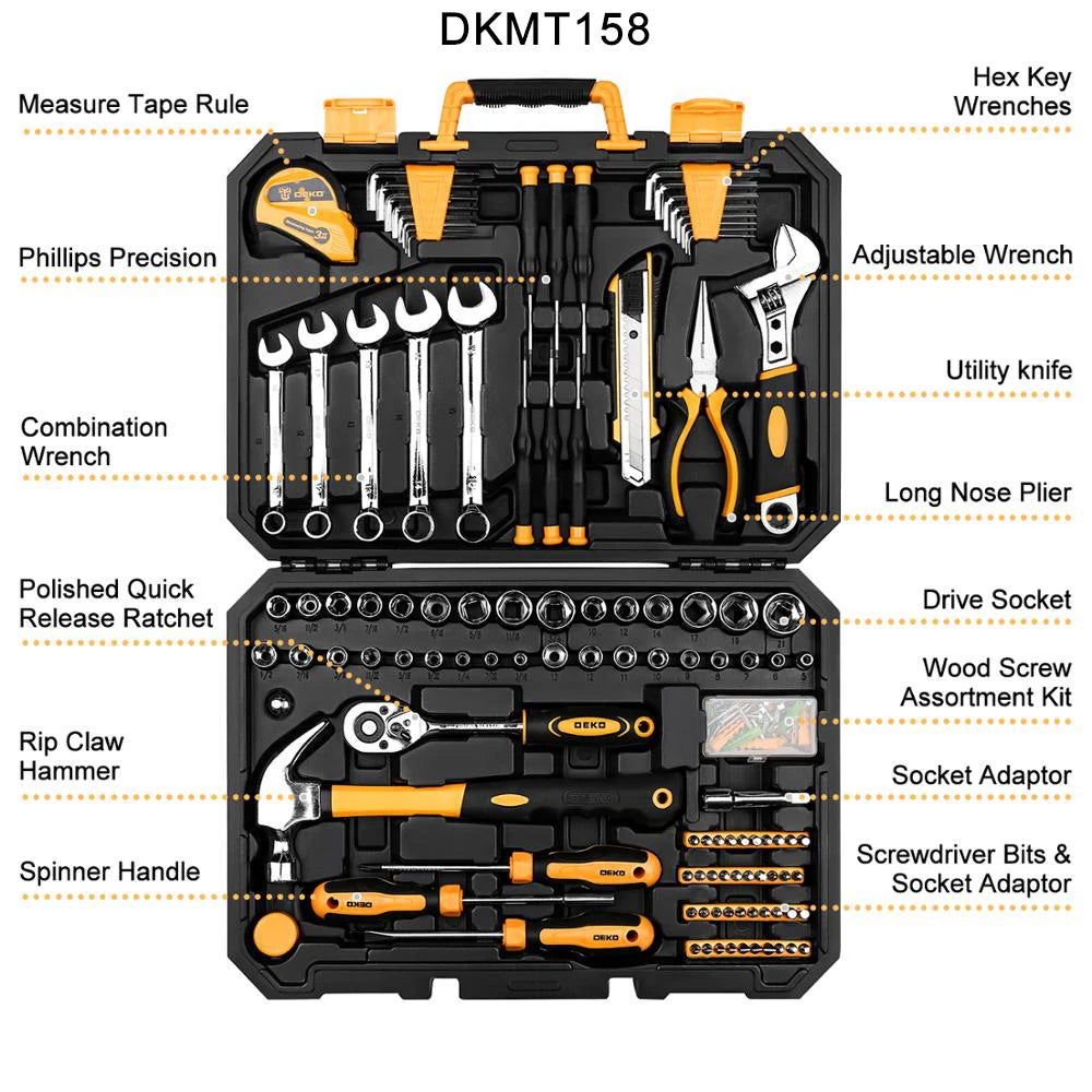 Kit de Herramientas DEKO 100 Piezas – Juego Multifuncional para Carpintería y Bricolaje