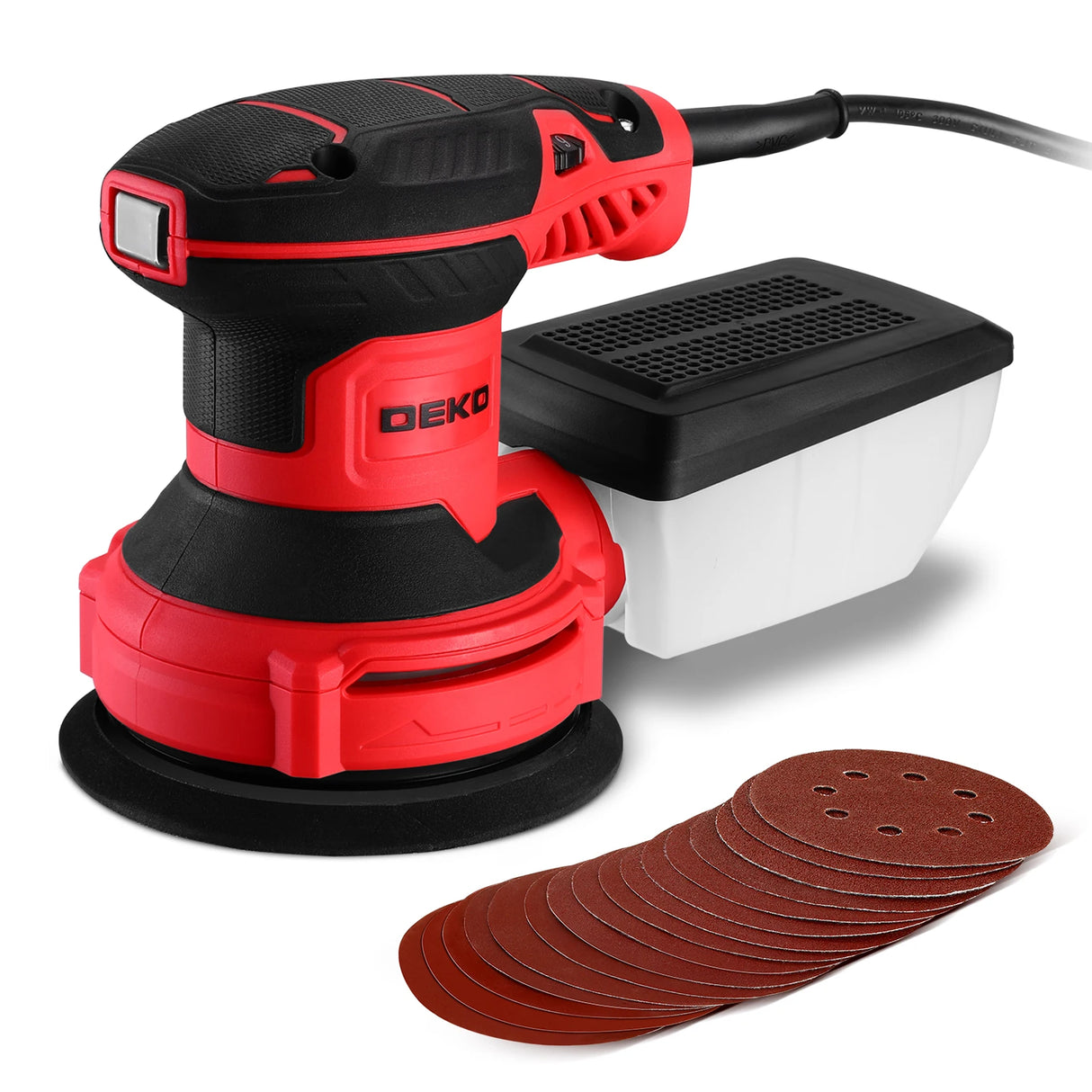 Lijadora Orbital DEKO 300W 14.000 RPM – 125 mm con 16 Lijas y Colector de Polvo para Madera y Metal