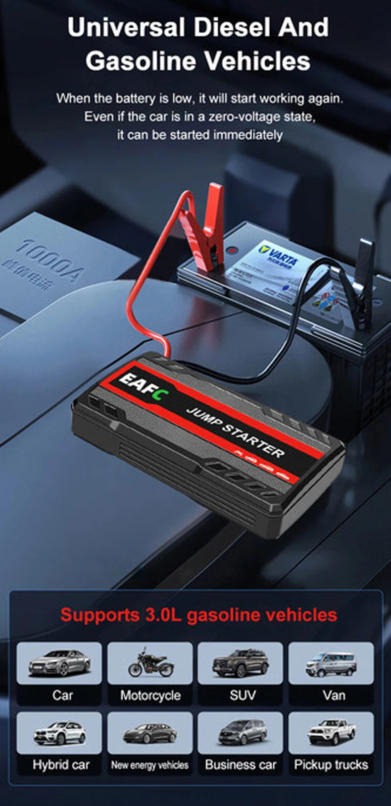 Arrancador de Batería de Coche 600A 12V con USB, Luz LED y SOS