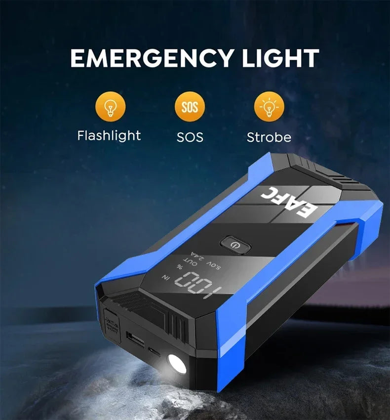 Arrancador de Batería Coche 1200A 12V EAFC | Power Bank 20000mAh con Carga Inalámbrica, LED SOS y Martillo de Emergencia