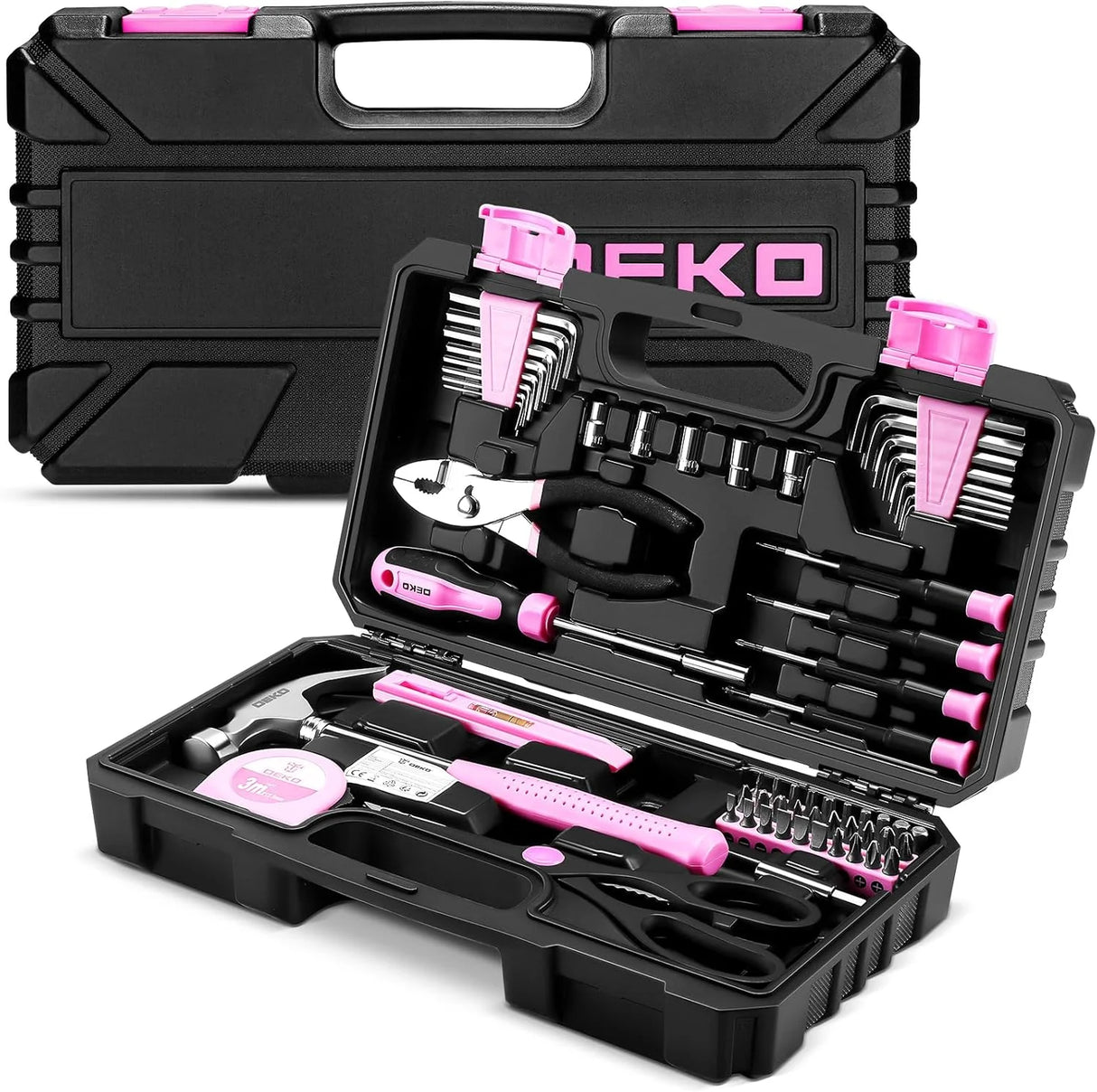 Maletín de Herramientas DEKO Rosa 62 Piezas – Kit Completo para Bricolaje, Hogar, Oficina y Coche
