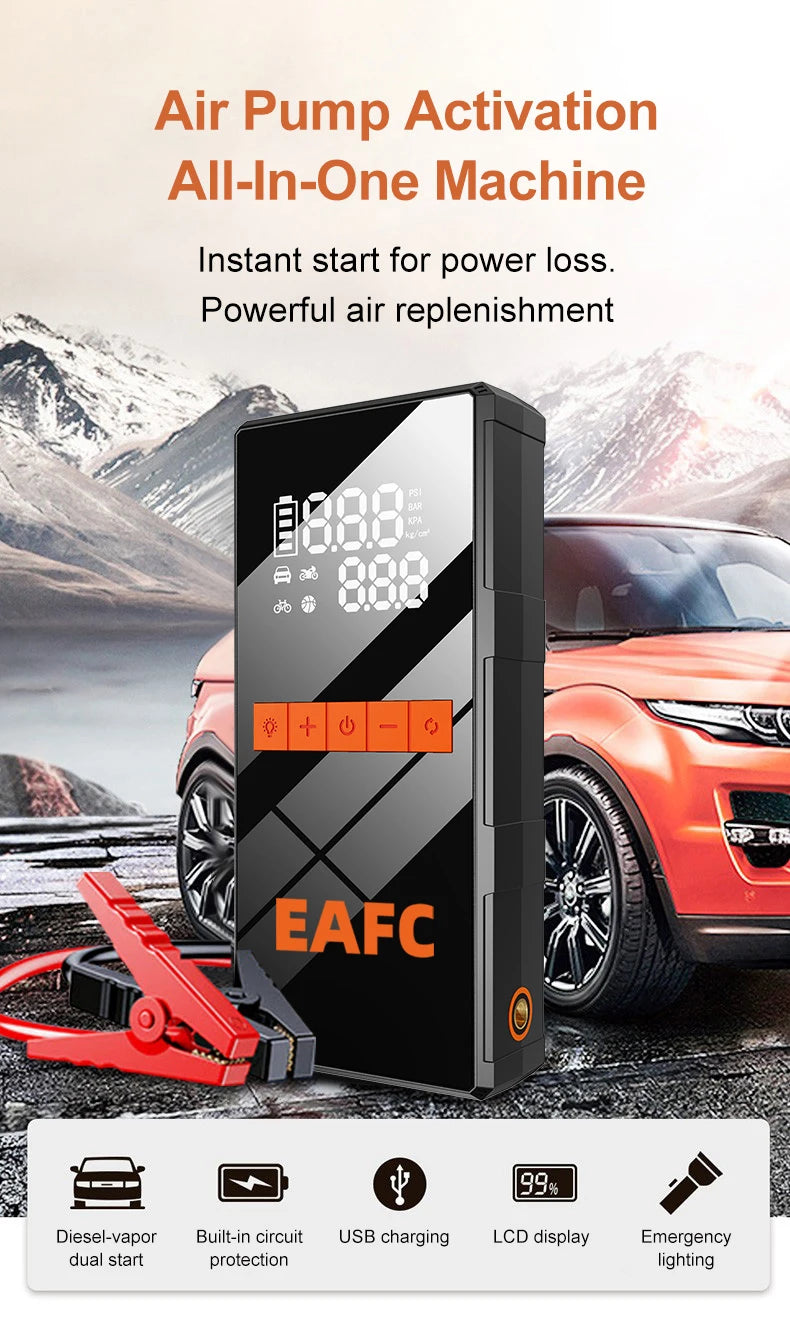 Arrancador de Coche 1200A con Compresor 150 PSI – Jump Starter Portátil con Power Bank