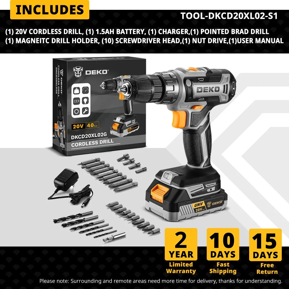 Taladro Inalámbrico DEKO 20V – 2 Velocidades, 18+1 Posiciones y Kit de 29 Piezas con Batería