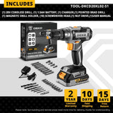 Taladro Inalámbrico DEKO 20V – 2 Velocidades, 18+1 Posiciones y Kit de 29 Piezas con Batería