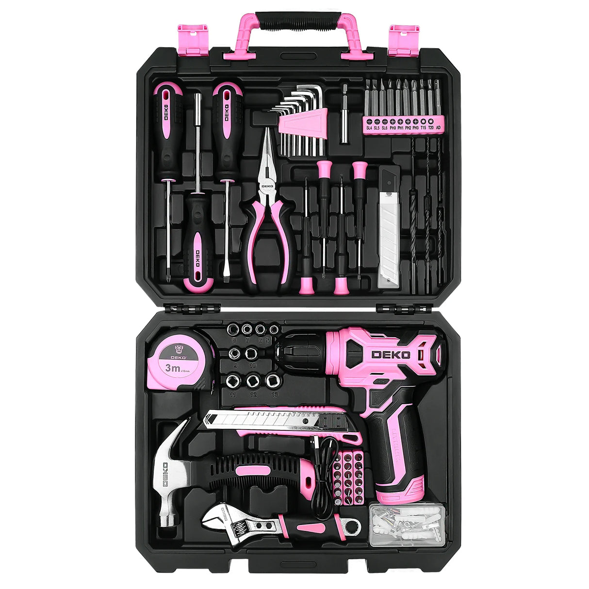 Kit de Herramientas DEKO 8V Inalámbrico – Taladro 3/8” 10 mm Sin Llave con Accesorios para Hogar