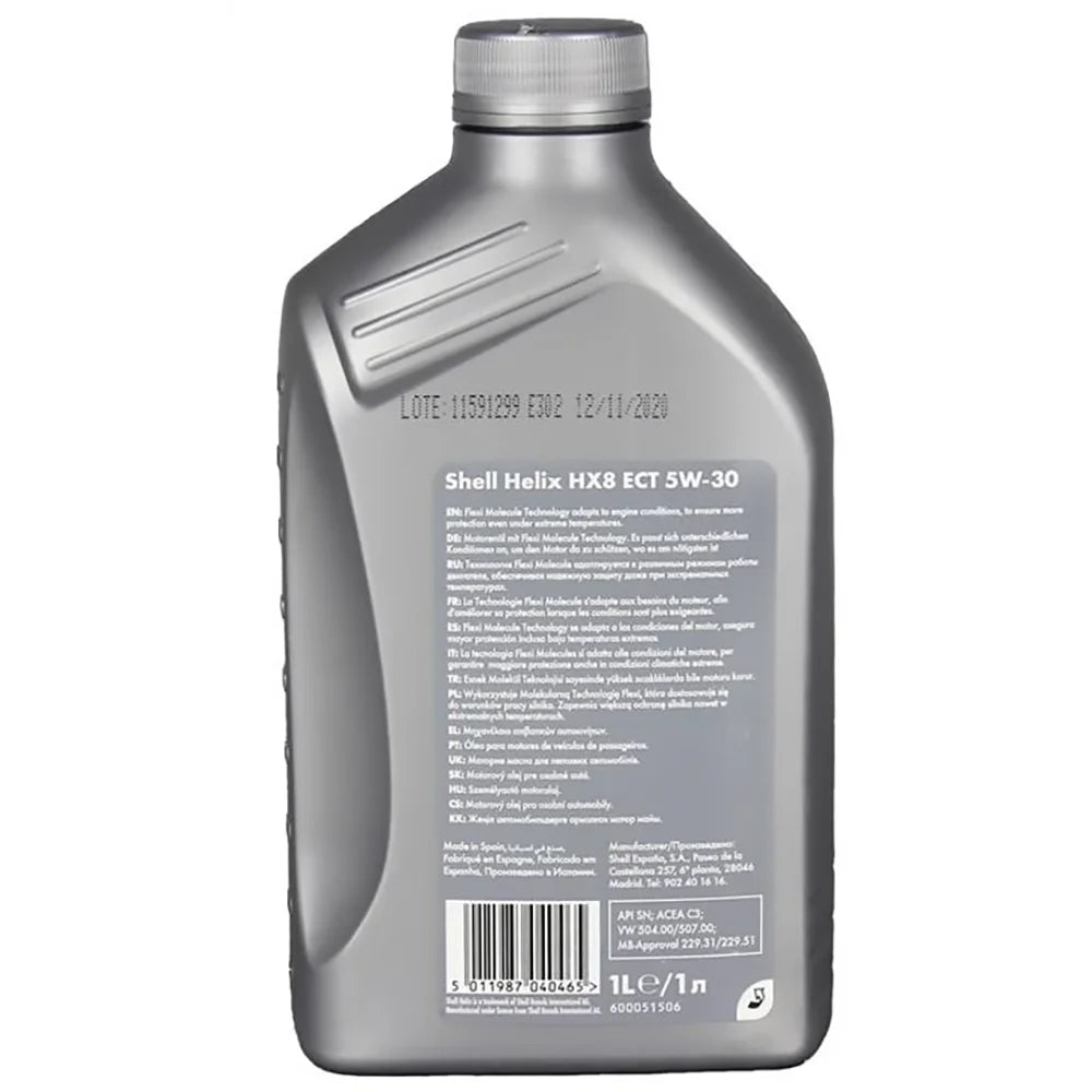 Aceite Shell Helix Hx8 Ect 5W30 1 L - Lubricante Bajo en Cenizas - Protección Filtros Diésel