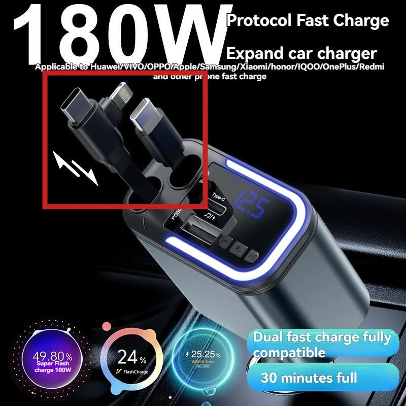 Cargador de Coche 5 en 1 con Bluetooth FM – Carga Rápida USB, Cable Retráctil, MP3 y Soporte U Disk