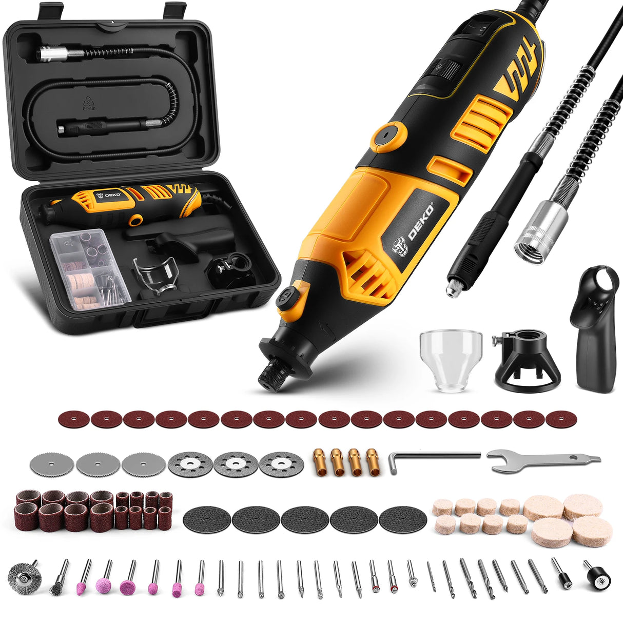 DEKO Kit de Herramientas Rotativas Eléctricas – Mini Multiherramienta para Madera y Metal (Amoladora y Perforadora)