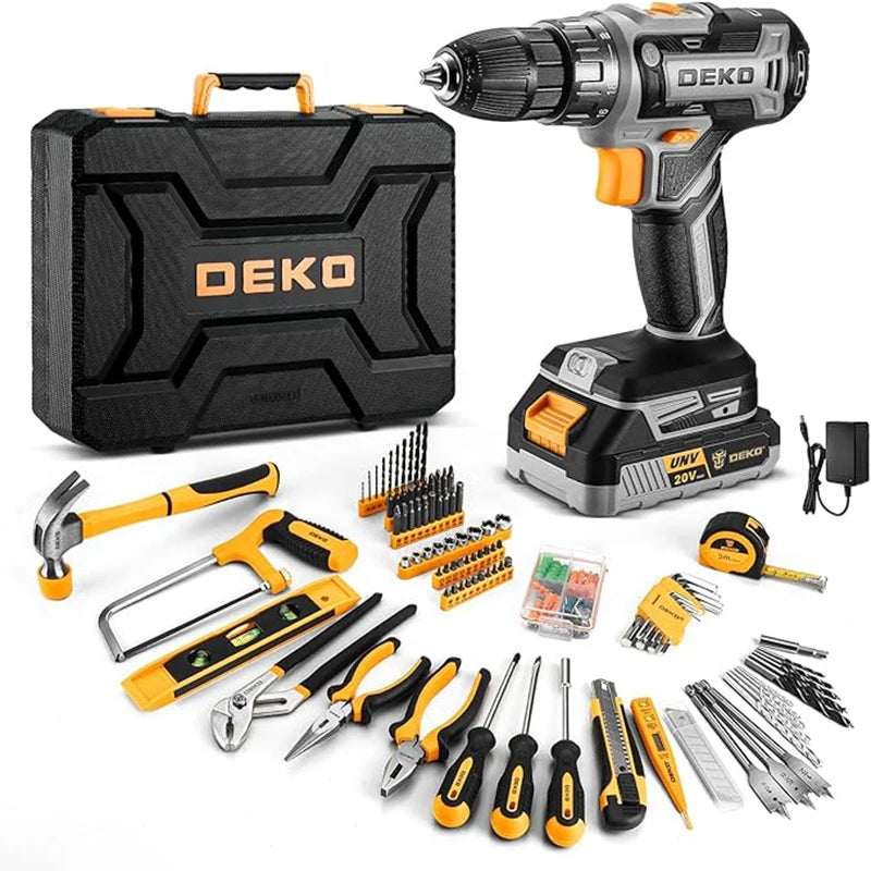 Kit Taladro Inalámbrico DEKO 20V – Taladro con Batería y Caja de Herramientas para Hogar