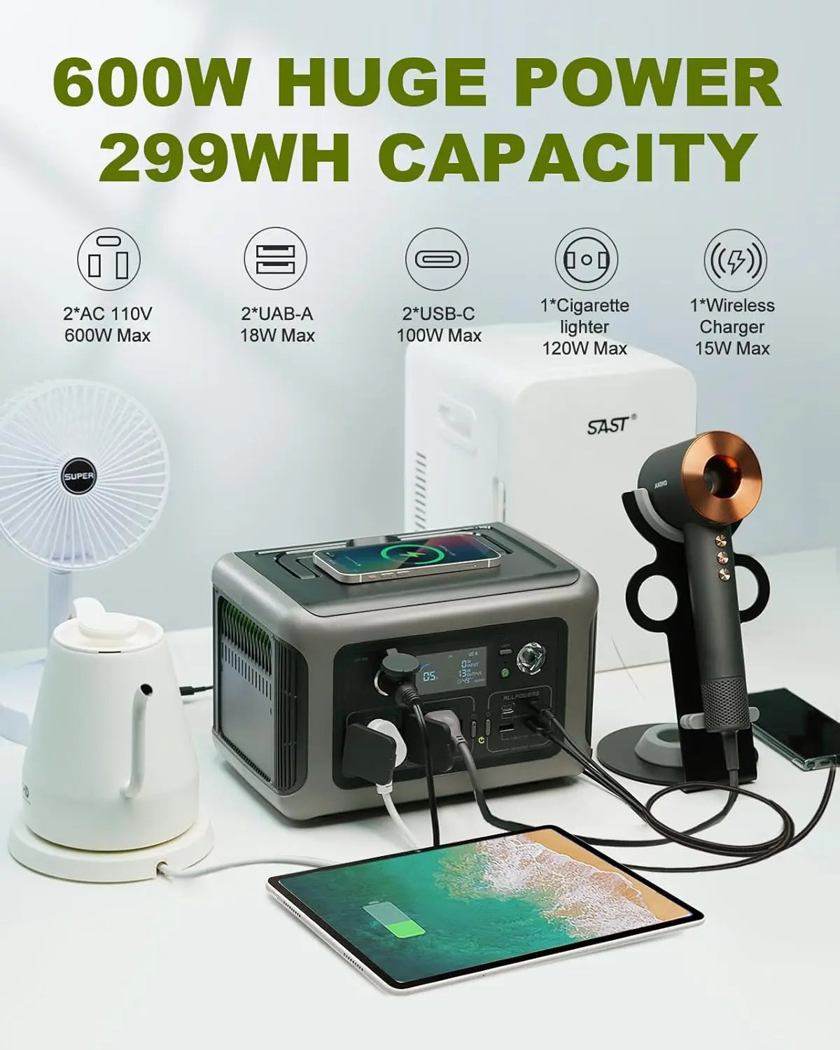 Estación de energía portátil ALLPOWERS R600 299Wh LiFePO4 con 2 salidas AC 600W (1200W pico) generador portátil para camping, autocaravana y hogar