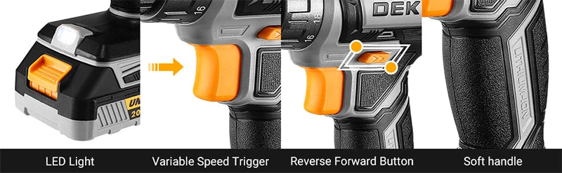 Taladro Inalámbrico DEKO 20V con Batería y Cargador – Kit Ligero para Bricolaje y Carpintería Doméstica