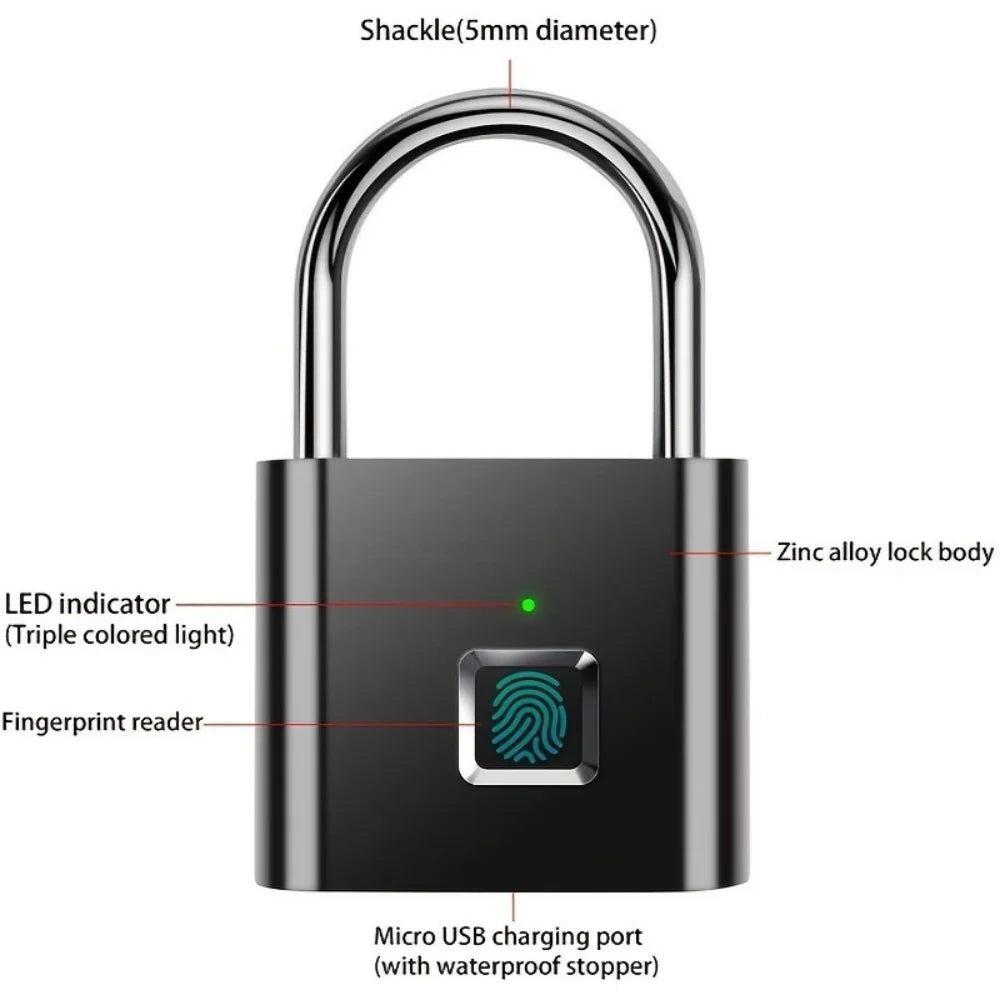 Candado Inteligente con Huella Dactilar USB – Impermeable IPX, Desbloqueo Rápido 0.3s, Candado Portátil Antirrobo de Zinc