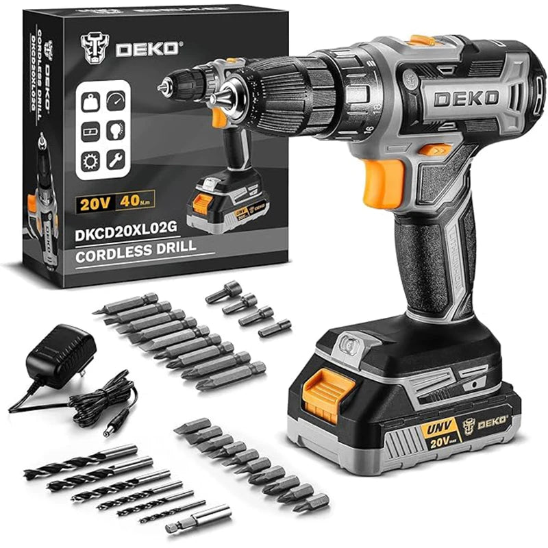 Taladro Inalámbrico DEKO 20V con Batería y Cargador – Kit Ligero para Bricolaje y Carpintería Doméstica