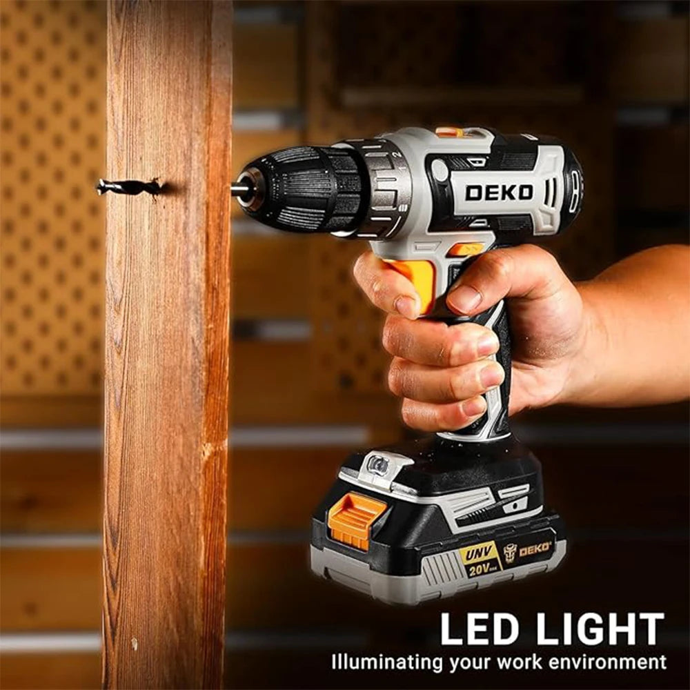 Taladro Inalámbrico DEKO 20V – 2 Velocidades, 18+1 Posiciones y Kit de 29 Piezas con Batería