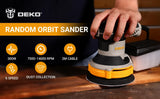 Lijadora Orbital DEKO 300W 14.000 RPM – 125 mm con 16 Lijas y Colector de Polvo para Madera y Metal