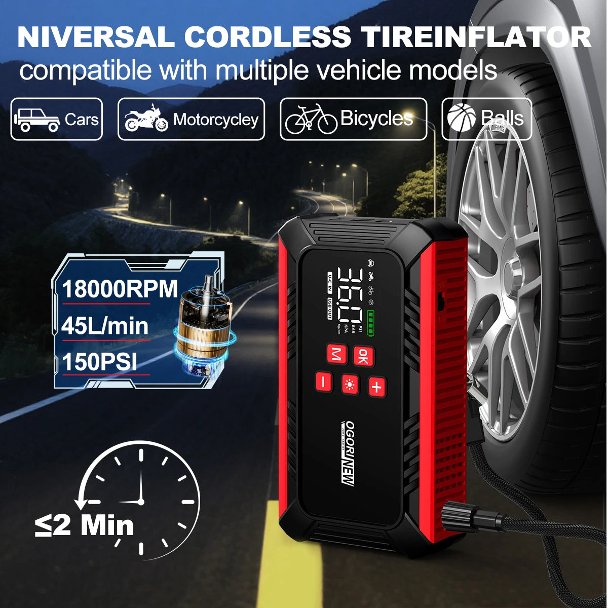 Arrancador de Coche 8000/9000A con Compresor 150 PSI – Booster Batería Portátil para Gasolina y Diésel