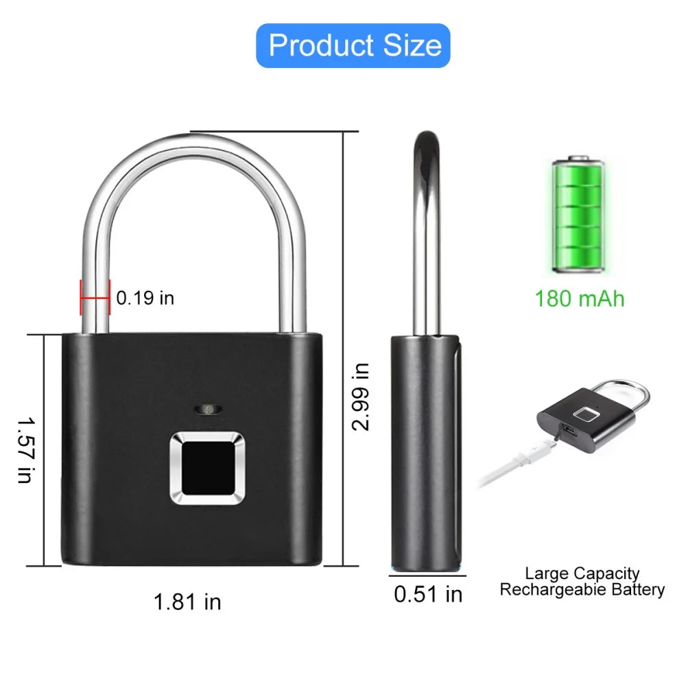 Candado Inteligente con Huella Dactilar USB – Impermeable IPX, Desbloqueo Rápido 0.3s, Candado Portátil Antirrobo de Zinc