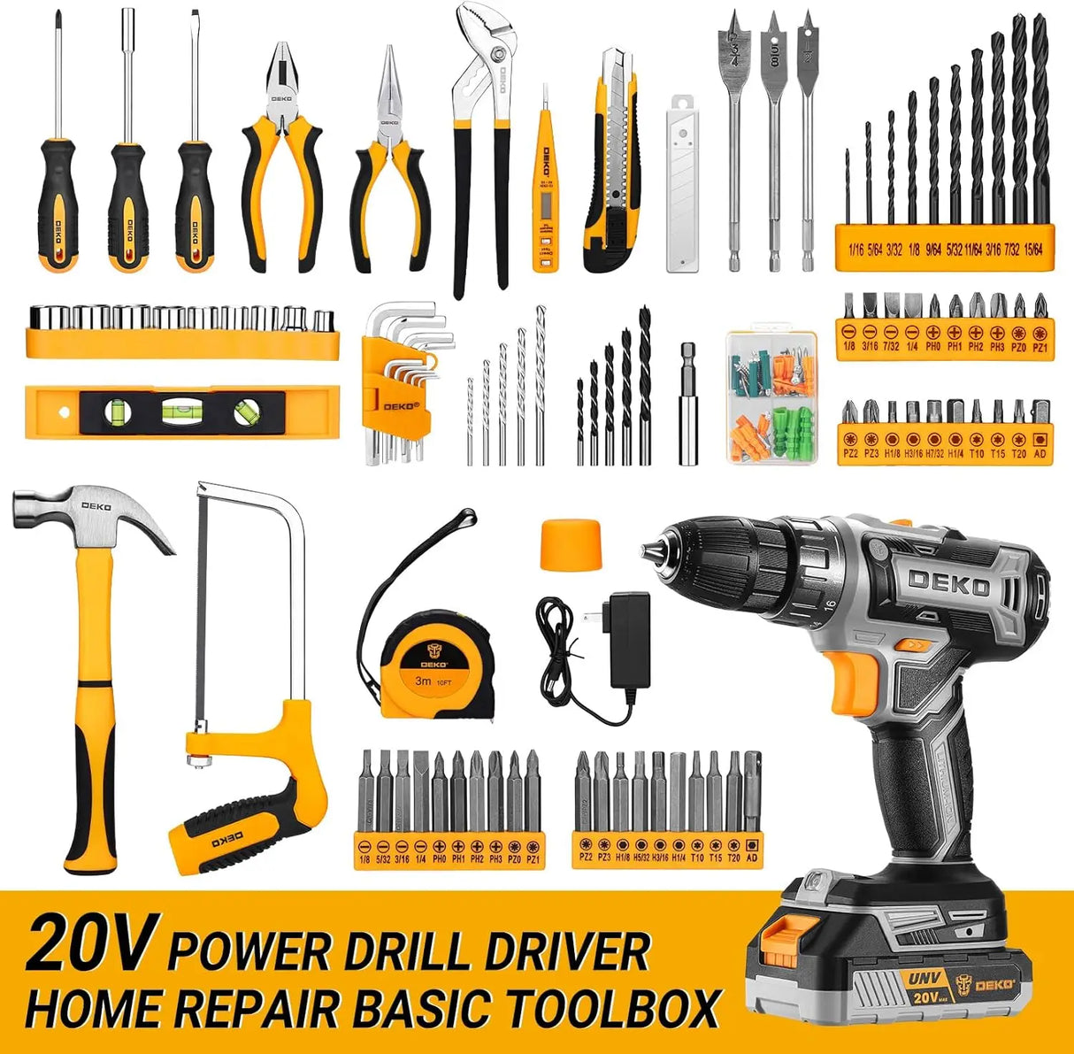 Maletín de Herramientas DEKO 186 Piezas con Taladro 20V – Kit Completo Profesional para Bricolaje