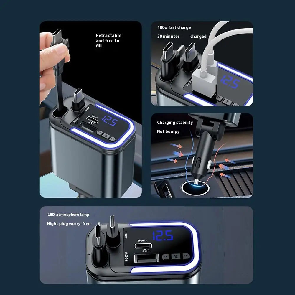 Cargador de Coche 5 en 1 con Bluetooth FM – Carga Rápida USB, Cable Retráctil, MP3 y Soporte U Disk