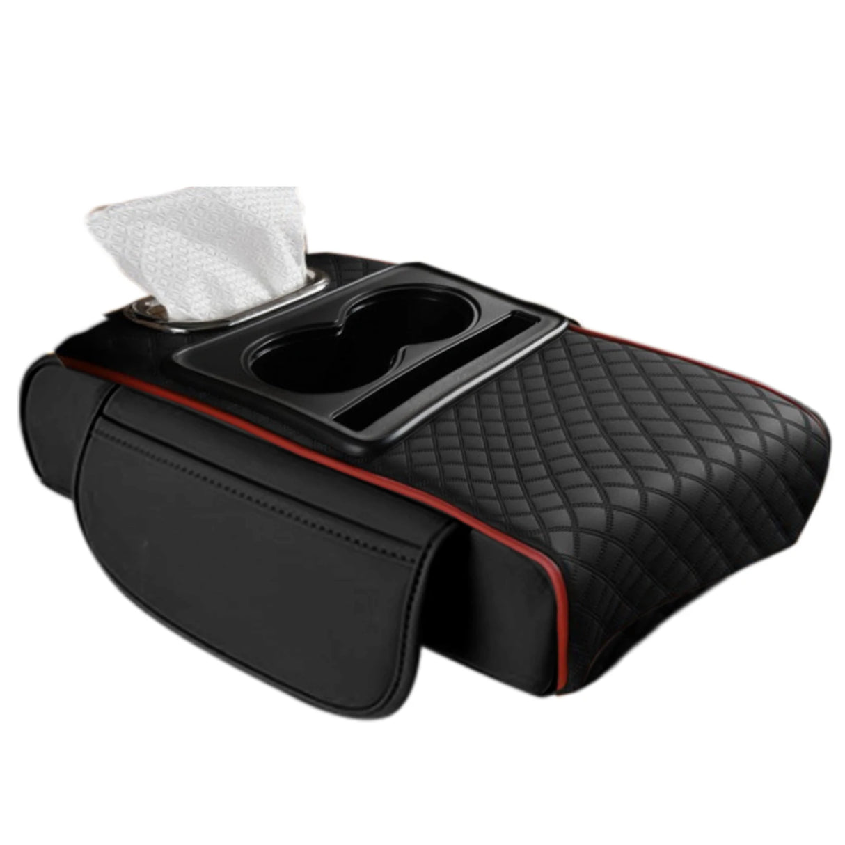 Caja Reposabrazos de Coche con Portavasos y Almacenamiento Lateral – Cojín Elevador con Soporte para Pañuelos y Cubierta Interior
